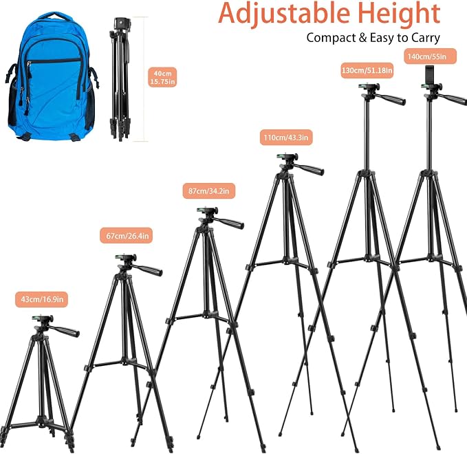 55" Phone Tripod, Camera Tripod for iPhone with Remote Shutter Gopro Holder and Universal Clip, Compatible with iPhone/Android/Sport Camera Perfect for Video Recording/Selfies/Live Stream/Vlogging - Image 3