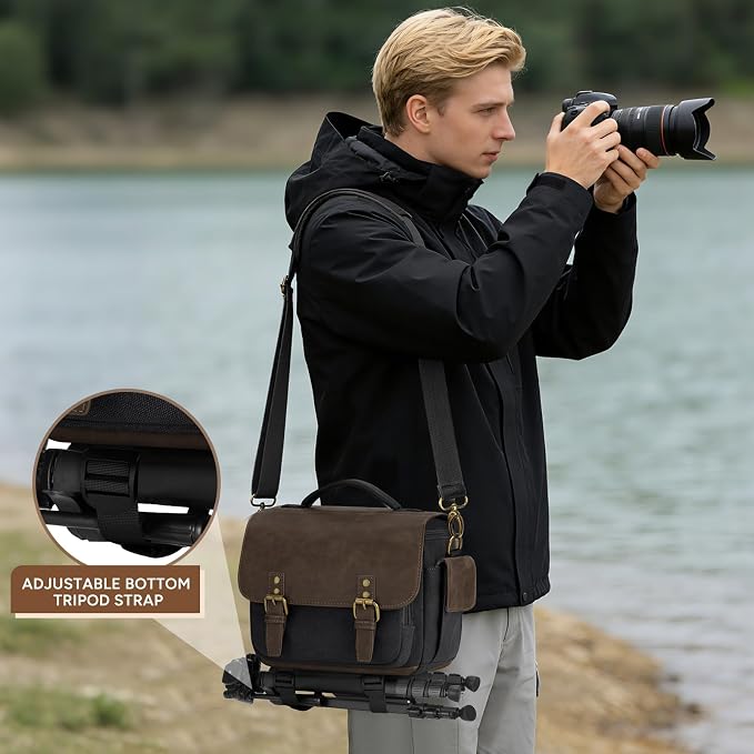 RAINSMORE Camera Bag, Vintage Canvas Camera Sling Bag Crossbody Camera Case | Water-resistant DSLR SLR Mirrorless Camera Bag for Photographer with Rain Cover & Tripod Holder for Sony Canon Nikon Fujifilm - Image 7