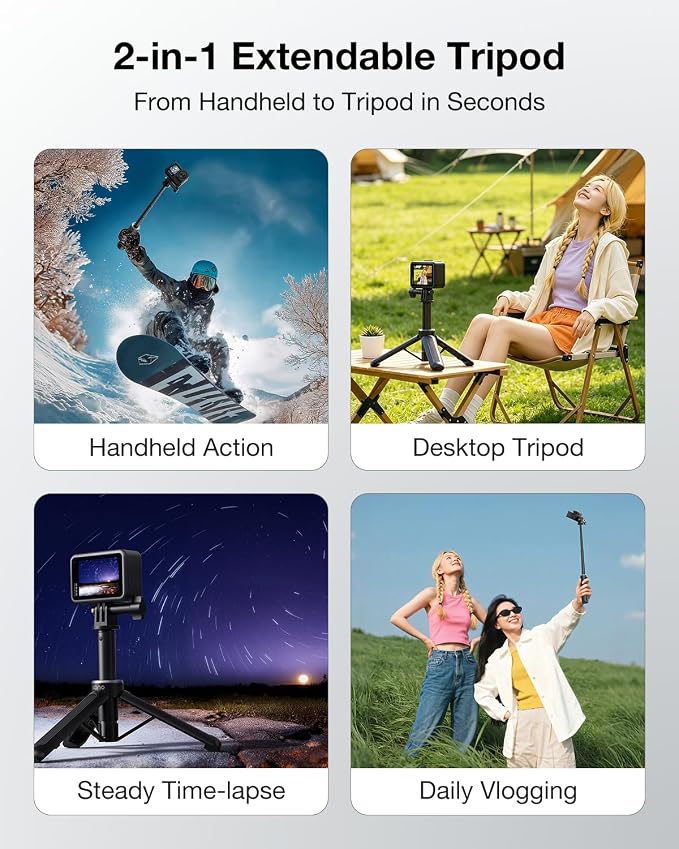 Llano 16" Action Camera Tripod for Gopro Hero 13/12/11/10/9/8, Max 2/1, Extendable Mini Tripod, Standard Mount for Gopro, Portable Handle Grip, Small Selfie Stick, Lightweight, Black - Image 7