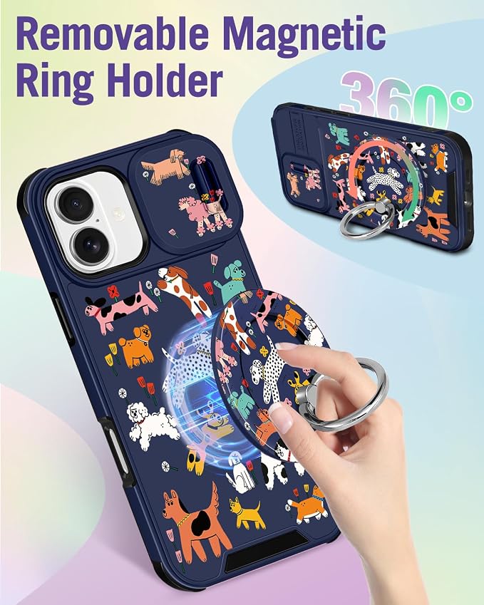 Buleens for iPhone 17 Case 6.3 Inch - with Ring Stand & Camera Cover Aesthetic Cute Designed for Women Girls Girly Cartoon Kawaii Dogs Unique Phone Case for iPhone 17 Compatible with Magsafe - Image 5