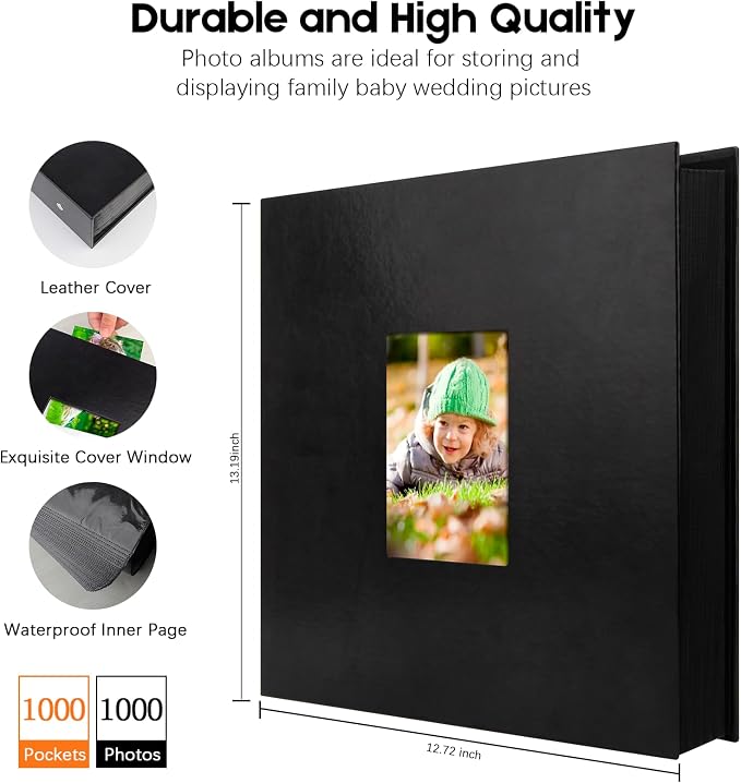 Veicevol Extra Large Photo Album 4x6 Pictures Holds 1000 Photos, Black | PU Leather Hardcover, Horizontal and Vertical Photos, Removable Black Acid-Free Pages, Family Wedding & Everyday Photos - Image 6