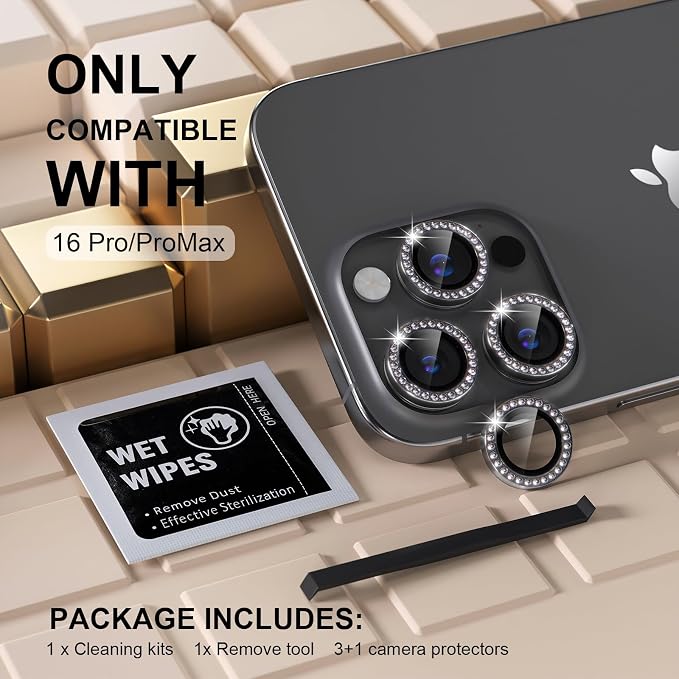 Misea Compatible for iPhone 16 Pro/iPhone 16 Pro Max Camera Lens Protector | 9H Tempered Glass Ultra HD Bling Camera Screen Protector Cover Metal Individual Ring Decoration Accessories, Black Diamond - Image 2