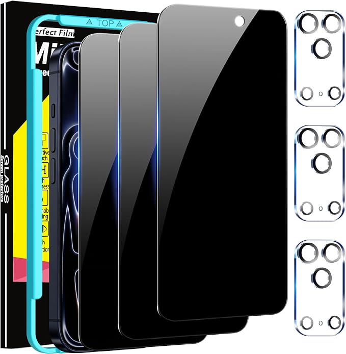 Milomdoi Privacy Screen Protector for iPhone 17 Pro, Tempered Glass | 3+3 Pack, 9H+ Hardness, Camera Lens Protector, Military Grade Shatterproof, Easy Installation, No Bubbles, Case Friendly by Milomdoi