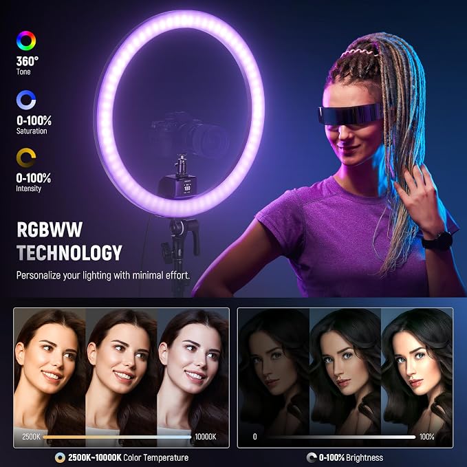 NEEWER SRP18C 18 Inch RGB LED Ring Light Kit with Reversible Tripod Light Stand App Control Phone Holder Compatible with iPhone, Ultra Slim Ringlight for Makeup Video Recording Selfie Studio Streaming - Image 3