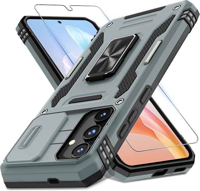 DEERLAMN Case for Samsung Galaxy S25 Plus/S24 Plus 6.7-Inch with Slide Camera Cover+Screen Protector(1 Pack), Rotated Ring Kickstand Military Grade Shockproof Protective Cover-Grey by DEERLAMN