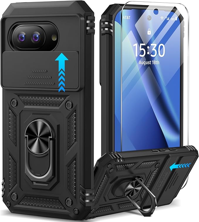 Taisairu for Google Pixel 10A Case with Screen Protector & Slide Camera Lens Cover,Built-in 360°Rotate Magnetic Ring Stand Shockproof Protective Phone Case for Google Pixel 10A Case (Black) by Taisairu