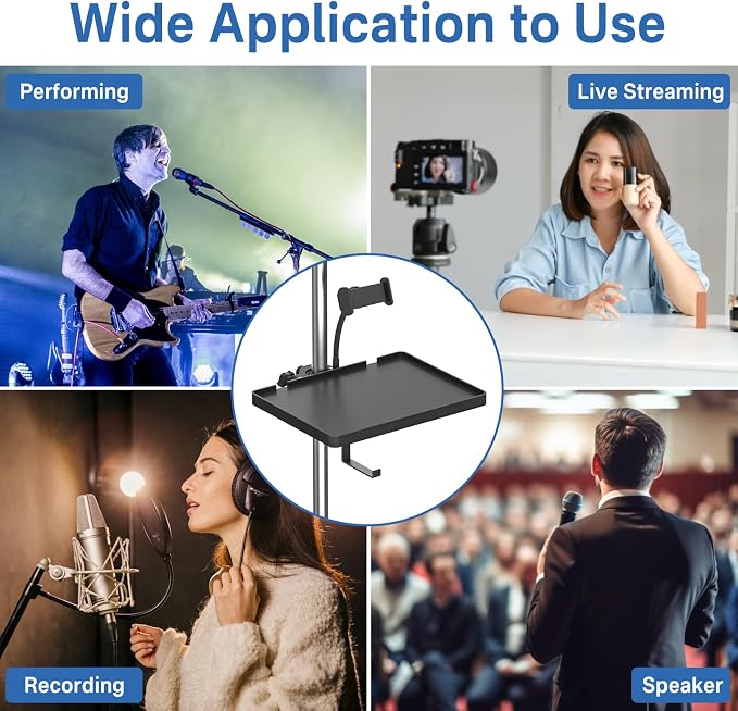 Functional Microphone Stand Tray with Adjustable Mic Stand Phone Holder - 8.7"x6.5" Mic Stand Tray Shelf Clamp-On Music Stand Accessory for Live Streaming Karaoke Recording - Image 7