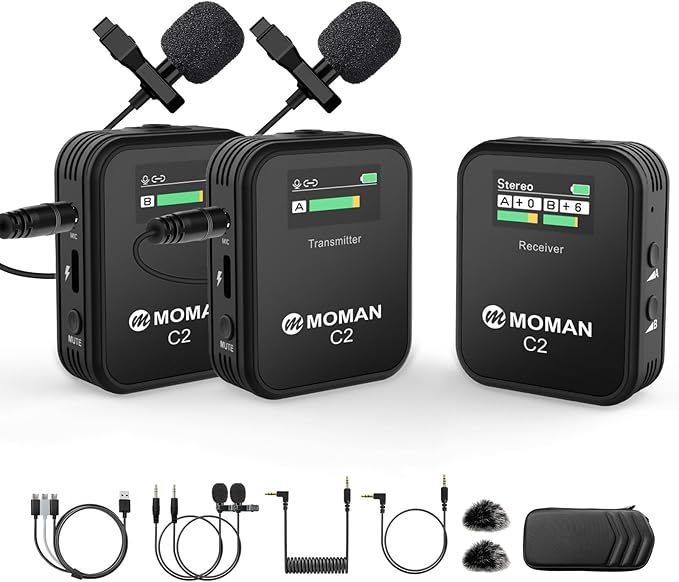 Moman Wireless Lavalier Microphone C2X, 2.4G Dual Transmitter Lapel Mic 656FT 8H for Online Class Vlog Stream YouTube for Camera Smartphone Tablet (C2X Dual) by Moman