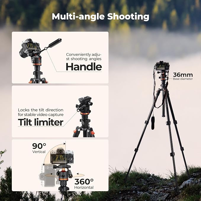 K&F CONCEPT 71" Aluminum Compact Camera Tripod | Portable Travel Tripod for iPhone, 17.6lb Arca Swiss Ball Head for DSLR/Mirrorless, O234A3+BH-36 - Image 2