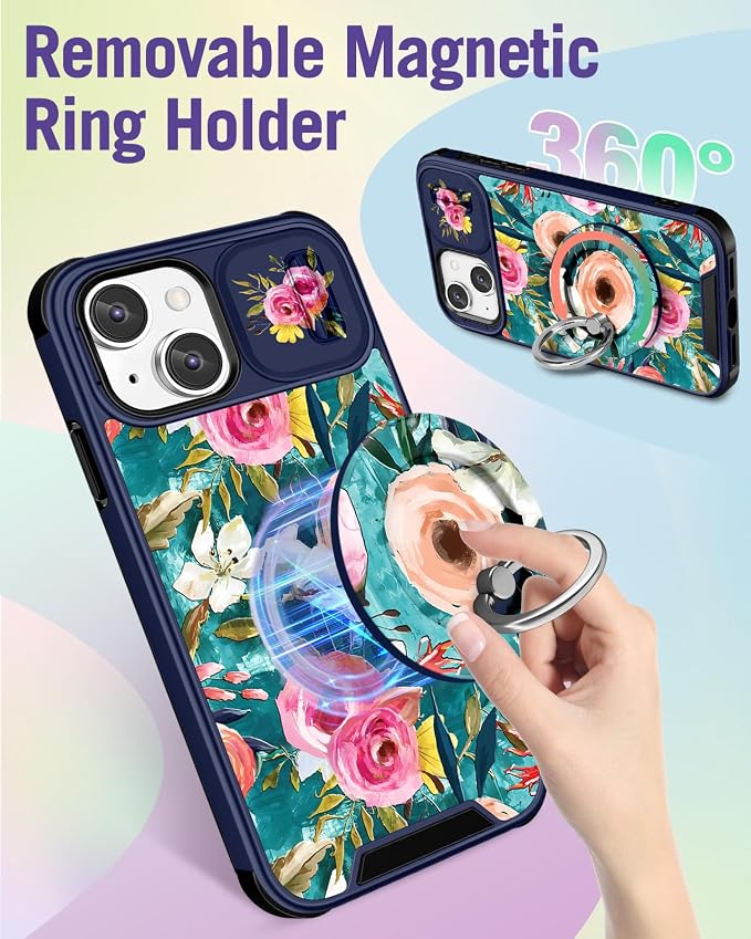 Buleens for iPhone 15 Plus Case 6.7 Inch - with Ring Stand & Camera Cover Aesthetic Cute Designed for Women Girls Girly Pretty Lake Blue Flowers for iPhone 15 Plus Phone Case Compatible with Magsafe - Image 5