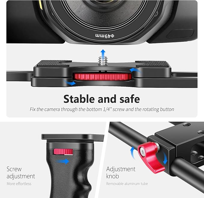 NEEWER Camera Video Cage Film Movie Making Kit, Aluminum Alloy with Top Handle, Dual Hand Grip, Two 15mm Rods, Compatible with Canon Sony Fujifilm Nikon DSLR Camera and Camcorder (Black + Red) - Image 5