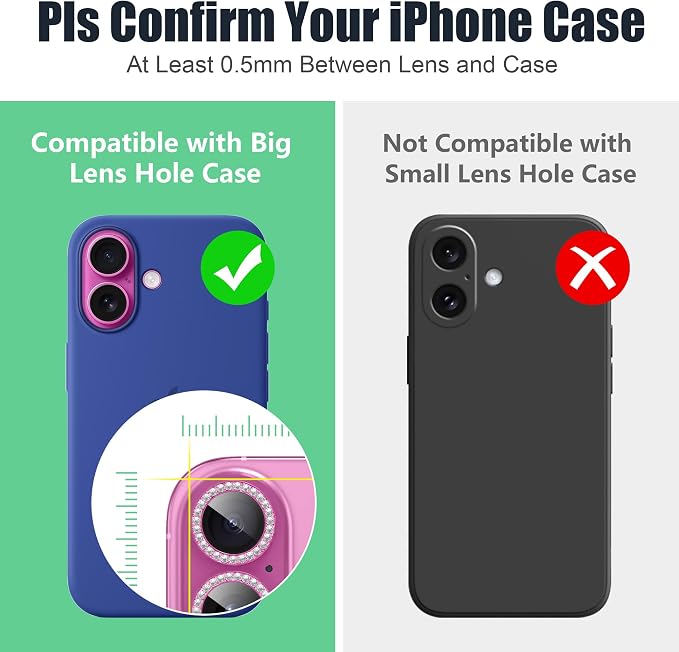 AGVEE 3+3 6 Pack for iPhone 16/16 Plus Camera Lens Protector Cover | Individual Bling Diamond & Bling Glitter Sparkle Cute Gem Metal Ring, 9H Tempered HD Glass - Image 3