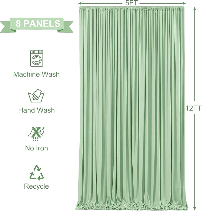 8 Panels Sage Green Backdrop Curtains for Wedding Party Wrinkle Free Backdrops Curtain Drapes Fabric Decorations Photo Back Drop Cloth for Baby Shower Photography Stage Reception 40ft(W) x 12ft(H) - Image 5