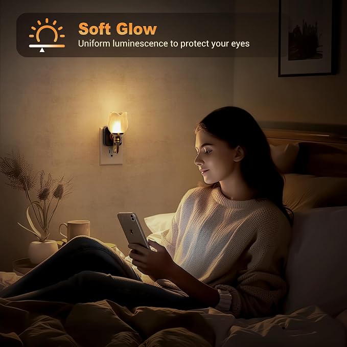 JandCase Night Light, Color Changing Night Lights Plug into Wall RGB | Glass Tulip LED Nightlight, Dimmable Flower Nightlights, Dusk to Dawn Sensor, 180° Rotating Vintage Nite Light for Bathroom - Image 6