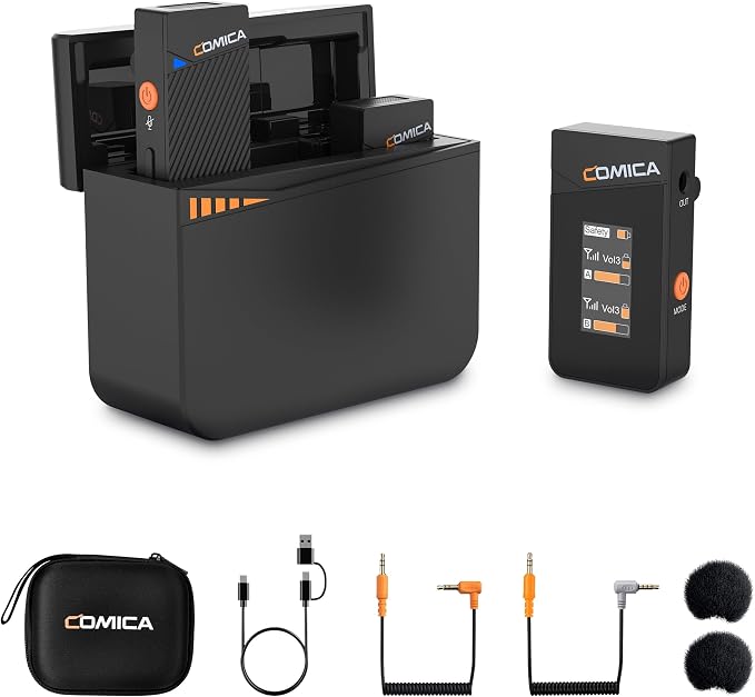 COMICA Vimo C3 Wireless Lavalier Microphone, 656ft Range & Gain Control | DSP One-Click Denoise, 48khz/24bit Hi-Fi Audio, IPS Display, Mono/Stereo/Safety Mode, Real-Time Monitor, 20h Battery Case by COMICA