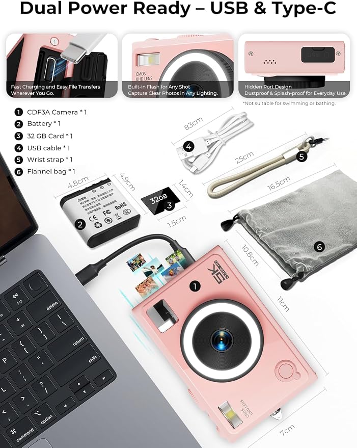 5K 64MP Autofocus Digital Camera, 360° Ring Light with 32GB SD Card | Dual front & rear cameras with 5 instant filters | One‑click skin smoothing | Pocket‑sized | 64MP stills capability - Image 5