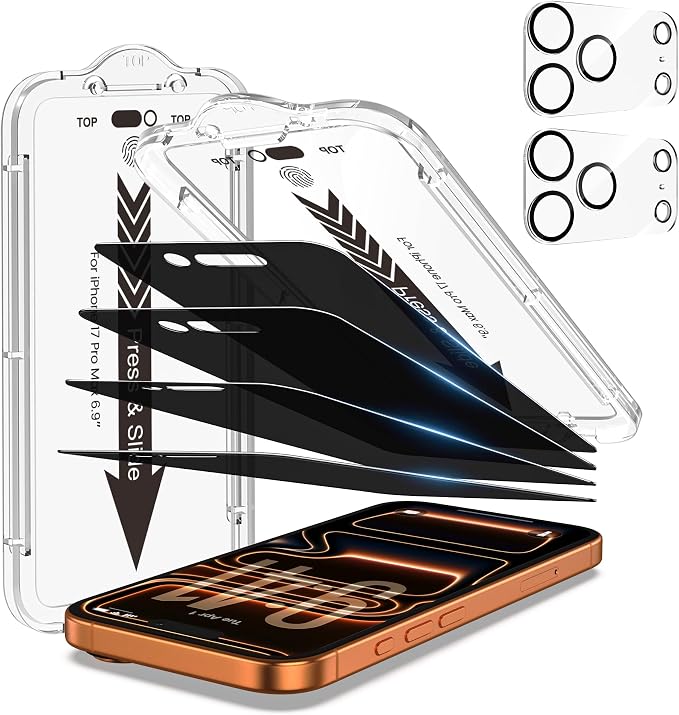 EZ-GLAZ-4+2 Pack for iPhone 17 Pro Max Privacy Screen Protector (6.9") | 2-Pack Lens Protectors, Alignment Kit, Easy Installation, 9H+ Tempered Glass, Scratch Resistant, 28° Privacy Protection by EZ-GLAZ