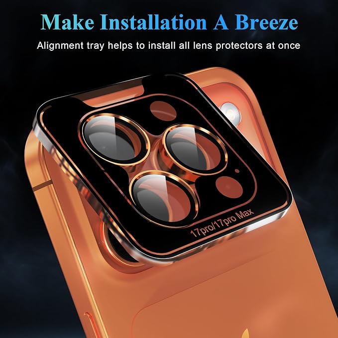 YWXTW Camera Lens Protector for iPhone 17 Pro/iPhone 17 Pro Max, [1 Step Installation Tray] Tempered Glass Screen Protector Metal Individual Camera Cover Accessories Case Friendly (Cosmic Orange-2Pack) - Image 5