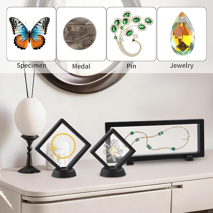 20 Pack 3D Black Floating Display Case with Bases, 3 Sizes Challenge Coin Display Holder, Transparent PE Jewelry Storage Box for Medallions, Jewelry, Coins, Sea Shell Collectibles - Image 6