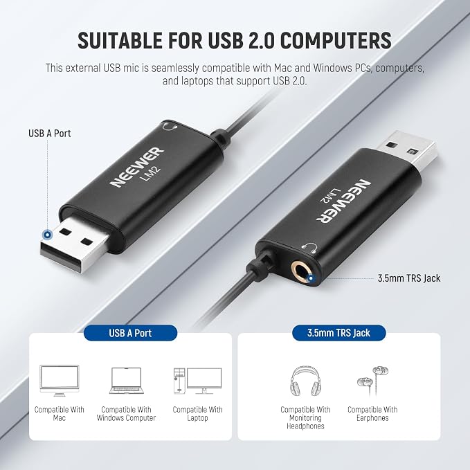NEEWER USB Lapel Microphone, Plug & Play Mini Omnidirectional Clip On Lavalier Mic with 3.5mm Monitoring Headphones Jack for USB 2.0 Mac Windows PC Laptop Computer YouTube Skype Podcast Gaming, LM2 - Image 3