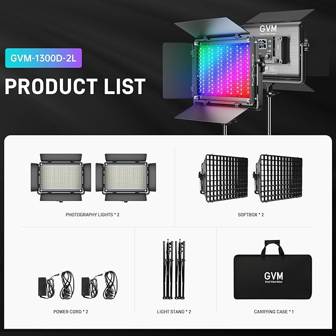GVM 1300D RGB Video Light with Softbox, 65W LED Video Lighting Kit, 25000lux/0.5m, 360° Full Color Photography Lighting Kit, 2 Packs Led Panel Light for YouTube, Web Conference, Streaming - Image 7