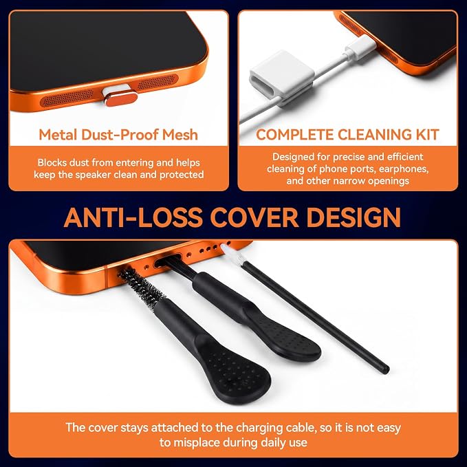Tellegloww 22 Pcs Phone Cleaning and Protection Kit compatible with 17 Pro/17 Pro Max, Speaker Dust Mesh, Type C Port Cover, Camera Lens Protector, Camera Button Cover, Brushes and Tools Set(Orange) - Image 4