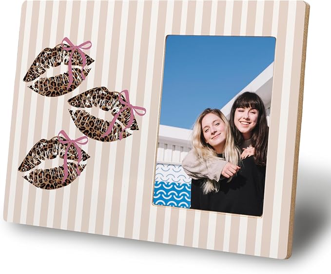 kunlisa Coquette Pink Bow Leopard Print Lips Picture Frame 4x6, Preppy Neutral Striped Cheetah Lips Picture Photo Frame for Home Girls Room Dorm Apartment Tabletop Desk Shelf Wall Decoration by Kunlisa