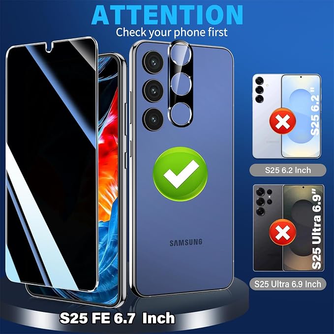 letosan 3 Pack Privacy Screen Protector for Samsung Galaxy S25 FE Tempered Glass + 2 Pack Camera Lens Protector, True 25°Anti Spy, 9H+ Hardness, Fingerprint Unlock, Case Friendly Bubble-Free 6.7Inch - Image 7