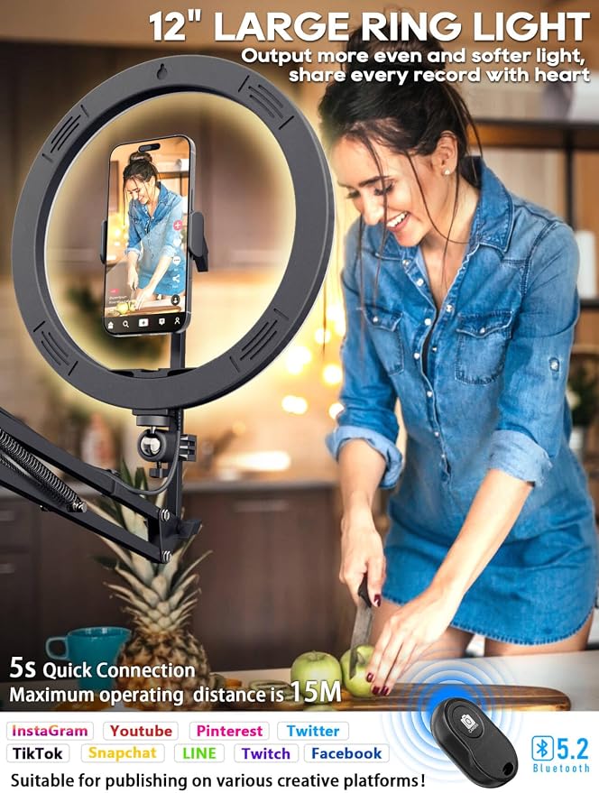Upgrade Ring Light Overhead Phone Mount, 12”Circle LED Desk Ring Light with Clamp for Video Recording,Flexible Articulating Phone Arm Stand Compatible with iPhone,Live Streaming YouTube Tiktok - Image 2