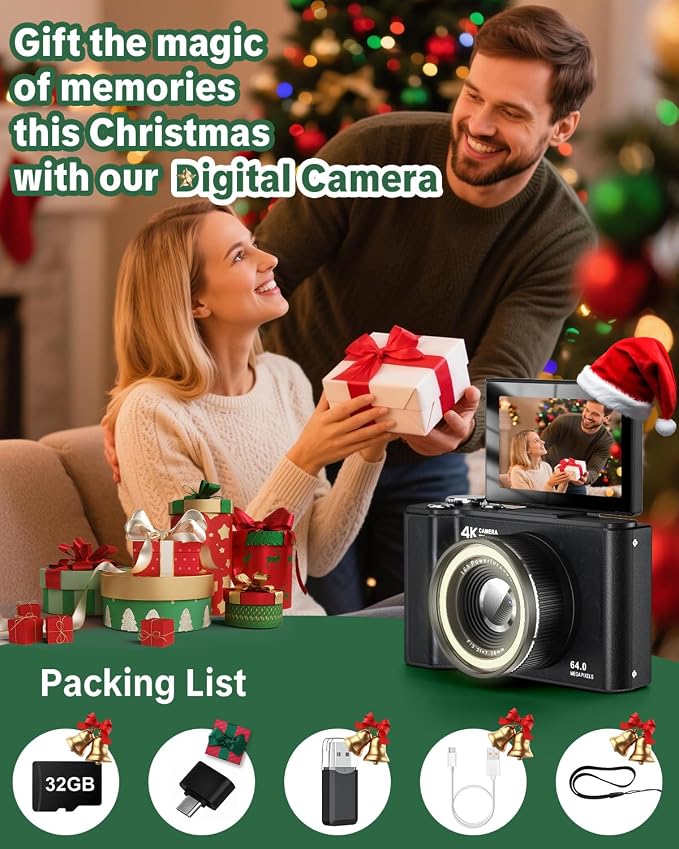 W & O 4K Digital Camera for Photography,180°Flip Screen Kids Digital Camera | 64MP Vlogging Camera for YouTube with SD Card,16X Zoom Autofocus,Point and Shoot digital cameras for Teens Beginner,Black - Image 7