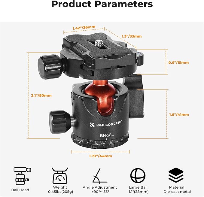K&F CONCEPT Professional 28mm Metal Tripod Ball Head 360 Degree Rotating Panoramic with 1/4 inch Quick Release Plate Bubble Level for Tripod Monopod Slider Camera Camcorder up to 22 pounds - Image 2
