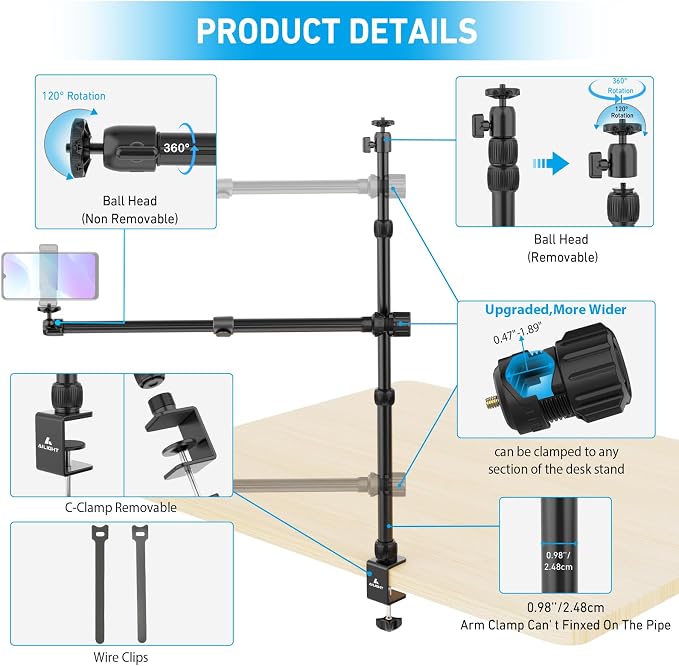 Ailight Camera Desk Mount Stand Overhead, Adjustable Microphone Boom Arm Mic Stand with Phone Holder, Camera Arm Clamp 5/8'' 3/8'' 1/4'' Screws for Shure, Blue Yeti, Rode, Elgato, Fifine, HyperX - Image 5
