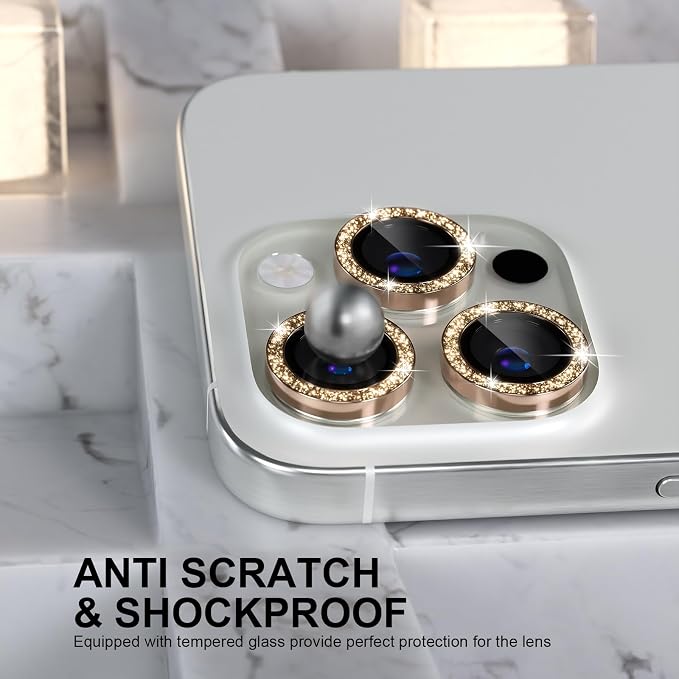 Choiche for iPhone 16 Pro/iPhone 16 Pro Max Camera Lens Protector | Ultra HD, Bling 9H Tempered Glass Camera Cover Screen Protector Metal Ring Decoration Accessories (Glitter-Gold) - Image 2