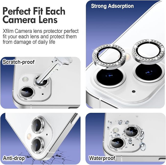 for iPhone 14/14 Plus Camera Lens Protector Bling Diamond, Silver | Individual Metal, 9H Hardness, Scratch Resistant, Shockproof, Drop Protection, Case Friendly, Stylish Accessories - Image 3