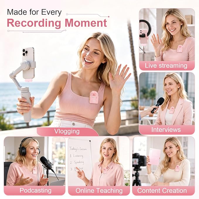 2 Mini Wireless Lavalier Microphones for iPhone & Android, Noise Cancelling, Plug & Play, 60H Battery with Charging Case, Portable Lapel Mic for Content Creators, Podcast, Streaming (Pink) - Image 7