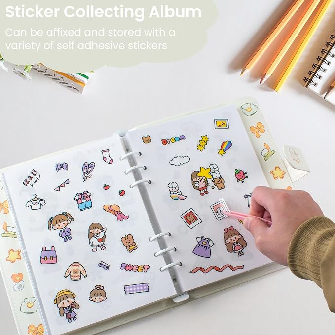 Reusable Sticker Book Collecting,A5 Binder Album Storage Organizer with Blank Release Paper and Pocket for Adult Kids,Cartoon Leather Binder Cover & Magnetic Buckle Closure(Beige) - Image 5