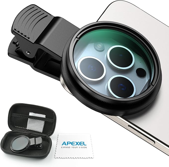 APEXEL 52mm CPL Phone Camera Lens Filter for iPhone & Android | CPL Filter to Reduce Glare & Reflections, Enhance Colors for Travel Photography, with Universal Clip & Adapter Ring by Apexel
