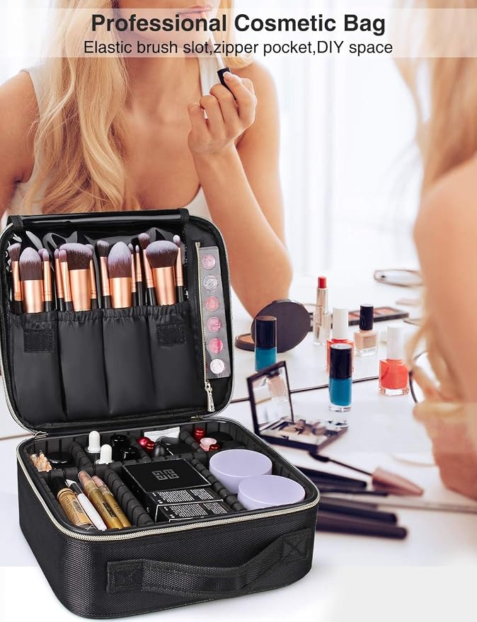 Relavel Travel Makeup Train Case Makeup Cosmetic Case Organizer Portable Artist Storage Bag with Adjustable Dividers for Cosmetics Makeup Brushes Toiletry, Black with Gold Zipper - Image 7