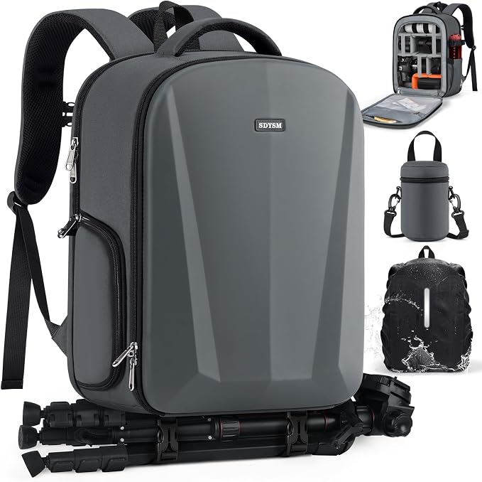SDYSM Camera Backpack, Hardshell DSLR/SLR Camera Bag with Lens Pouch & 15.6" Laptop Compartment Waterproof Camera Case with Rain Cover Photography Backpack Compatible for Canon/Nikon/Sony/Drone,Gray by SDYSM