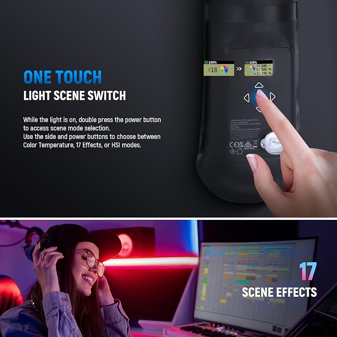NEEWER Basics 30W Handheld RGB Fill Light 35.5"/90cm, Inflatable, GC30C | 3000Lux 2700-6500K, CRI95, 5000mAh, Type C 45W in/30W Out, Studio Photography Video Recording Streaming Portable TPU Lighting - Image 2
