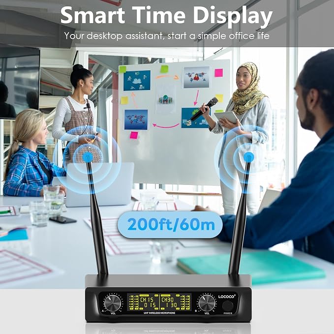 UHF Wireless Microphone System Set: Metal Cordless Handheld/Headset/Lavalier Lapel Mics, Bodypack Transmitter, Receiver - 2*15 Channels 200ft Range for Church, Karaoke Singing, DJ, Wedding, Speech - Image 6
