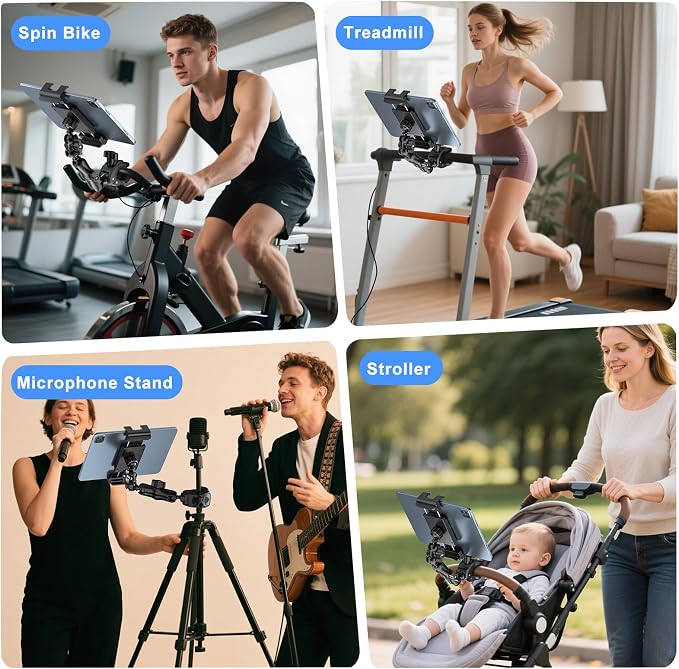 PLDHPRO Tablet Mic Music Holder for iPad Clamp Mount Stand, Microphone Tripod Treadmill Stroller Spin Bike Exercise Handlebar Accessories Compatible iPhone iPad Galaxy Tab 5.5-14.6'' Phones Tablets - Image 2