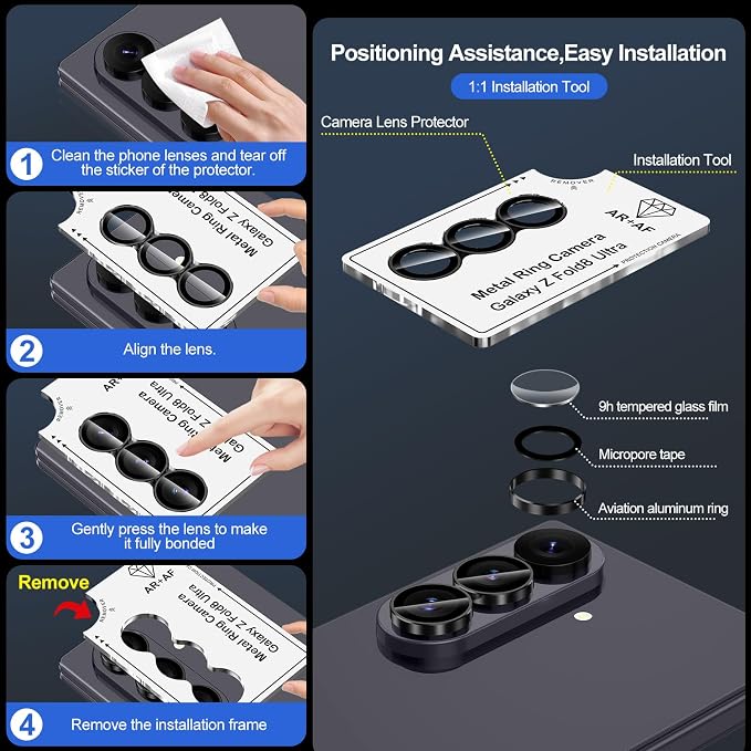 for Samsung Galaxy Z Fold 8 Ultra Camera Lens Protector, Individual Metal Ring Tempered Glass Lens Cover, [Strong Adsorption] Scratch Resistant Ultra-Thin HD Clear Lens Cover, 1 Set-Black Ring - Image 7