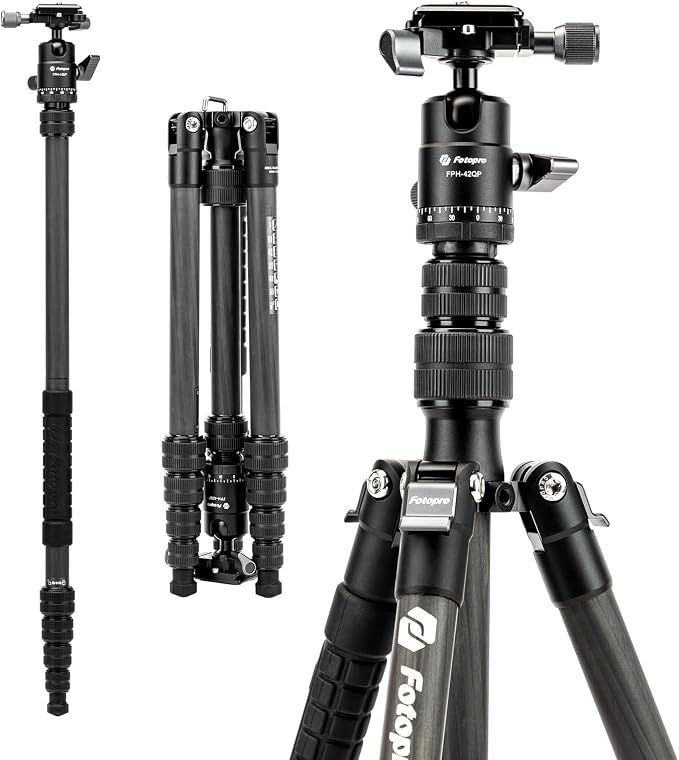 Fotopro 60" Carbon Fiber Travel Tripod for Camera, 2.0lb Ultra-Light, Flexible Center Axis, 360° Pan/Tilt Ball, Arca QR Plate, Max Load 13.6lb by Fotopro