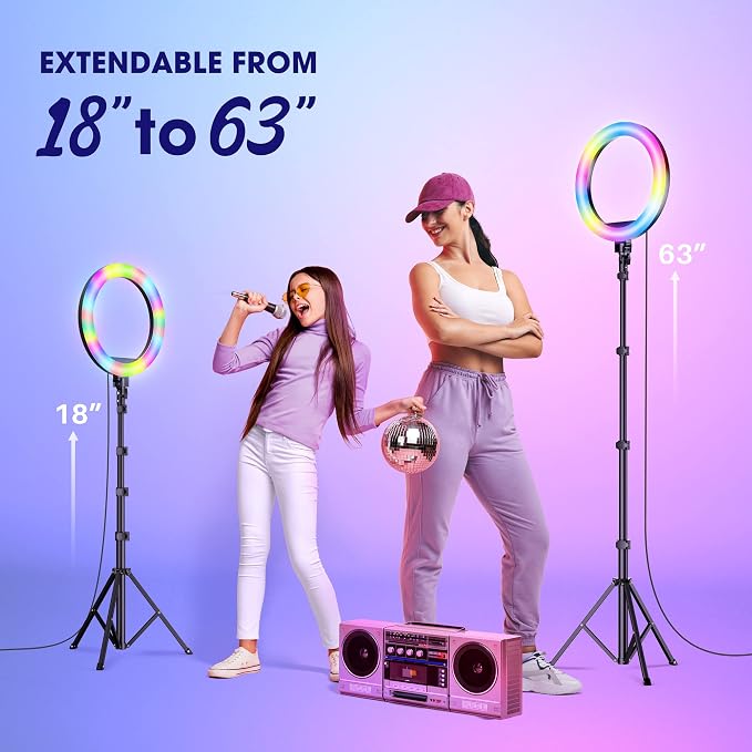 TODI 12" RGB Ring Light with 63" Tripod Stand, 3 CCT Mode and 39 Color Mode Selfie RingLight with Stand, 2-in-1 LED Ring Light with Selfie Remote, for Makeup, Live Stream - Image 8