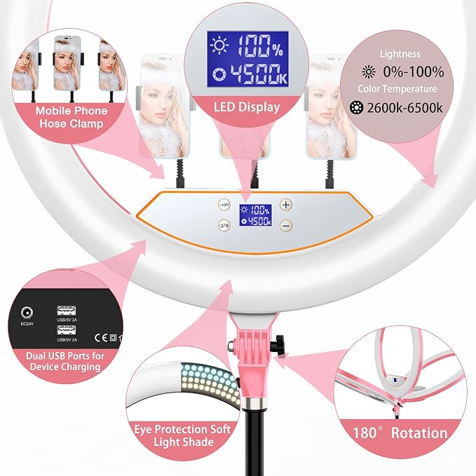MACTREM Pink 22" Ring Light for iPad iPhone with 75" Tripod Stand Barber | LCDisplay,2 Usb Ports, Fits Ipad/Tablet 12.9", 2600k-6500k Color Temperature,for Barber/Tattoo Tiktok Video Recording Vlog - Image 5