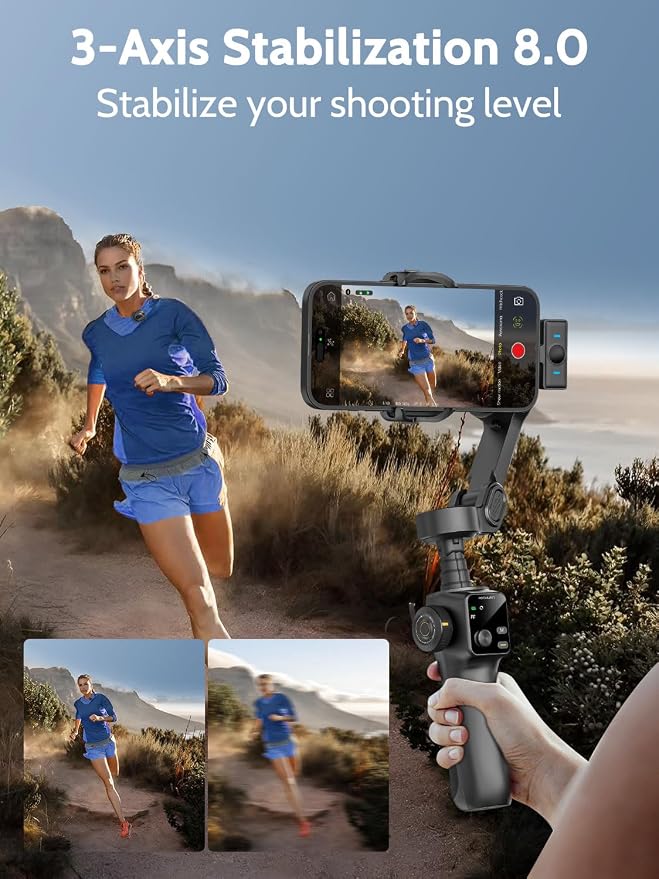 AOCHUAN 3-Axis Gimbal Stabilizer for iPhone with Lavalier Mic(V8 Mic Kit) | Phone Gimbal with Lavalier Microphone, 7.8" Extension Pole, and Oled Display for Youtube, Tiktok Vlogging, Video Recording - Image 4