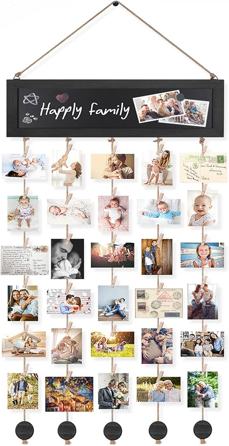 Bikoney Hanging Picture Frame Collage with Blackboard - Vintage Black | Rustic Wood Polaroid Board with 30 Clips, Photo Display for Wall Decor & Dorm Room, Perfect Graduation Gift Idea by Bikoney
