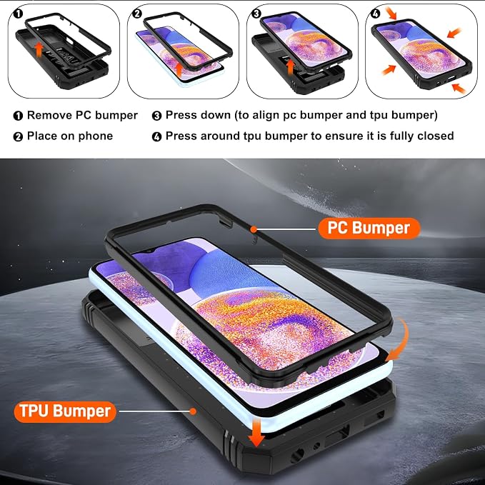 Gritup for Galaxy A23 5G Case Military-Grade Shockproof with Kickstand | (   ) with 2 PCS Screen Protector, Slide Camera Cover, Heavy Duty Funda para A 23 5G Cover, Black - Image 4