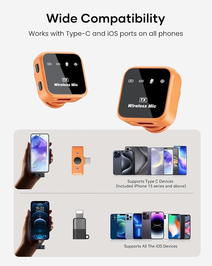 Wireless Lavalier Microphone for iPhone iPad Android with Charging Case 80h Battery Life, Noise Cancellation, 164ft Range Plug-Play Clip On Lapel Mic for YouTube, Video Recording, Vlog (Orange - Image 8